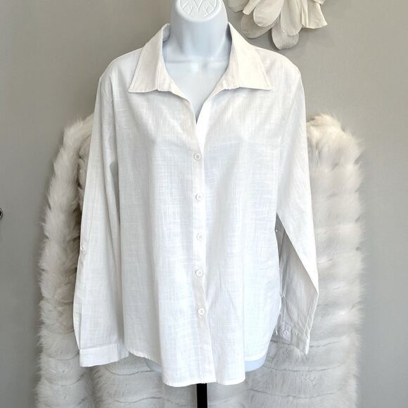 White Button Down Sheer Back Long Sleeve Top (L) - Picture 2 of 10